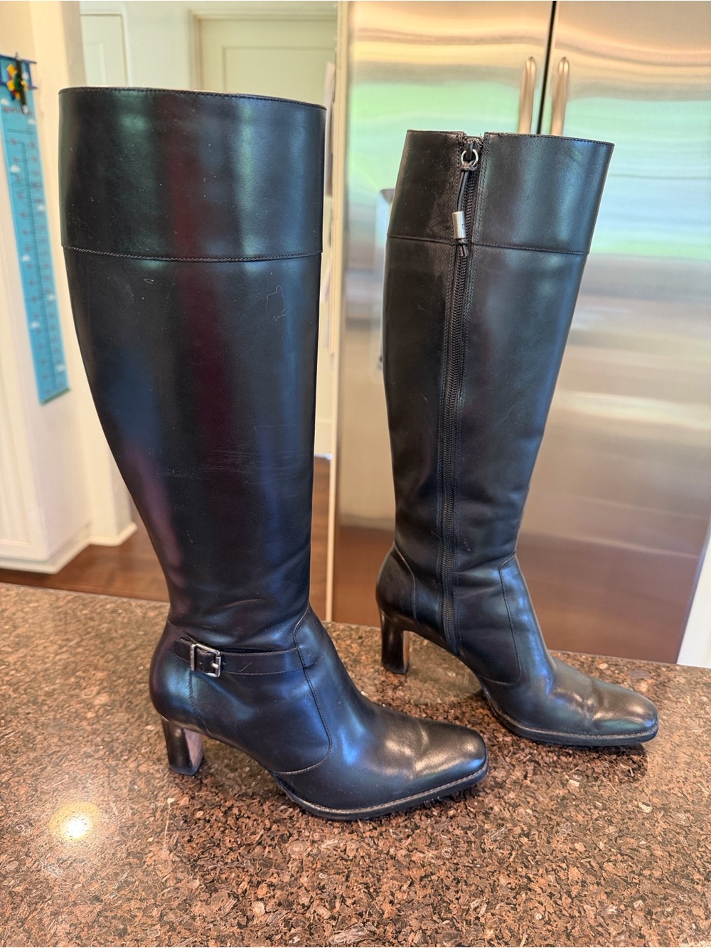 Lauren Ralph Lauren Black Leather Knee-High Heeled Boots with Buckle